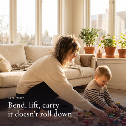 Bending and lifting a toddler, the brief stays put