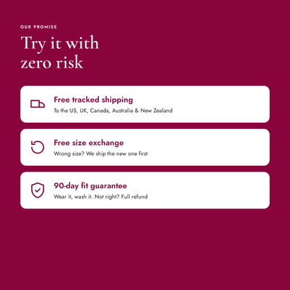 Free tracked shipping, free size exchange, 90-day fit guarantee