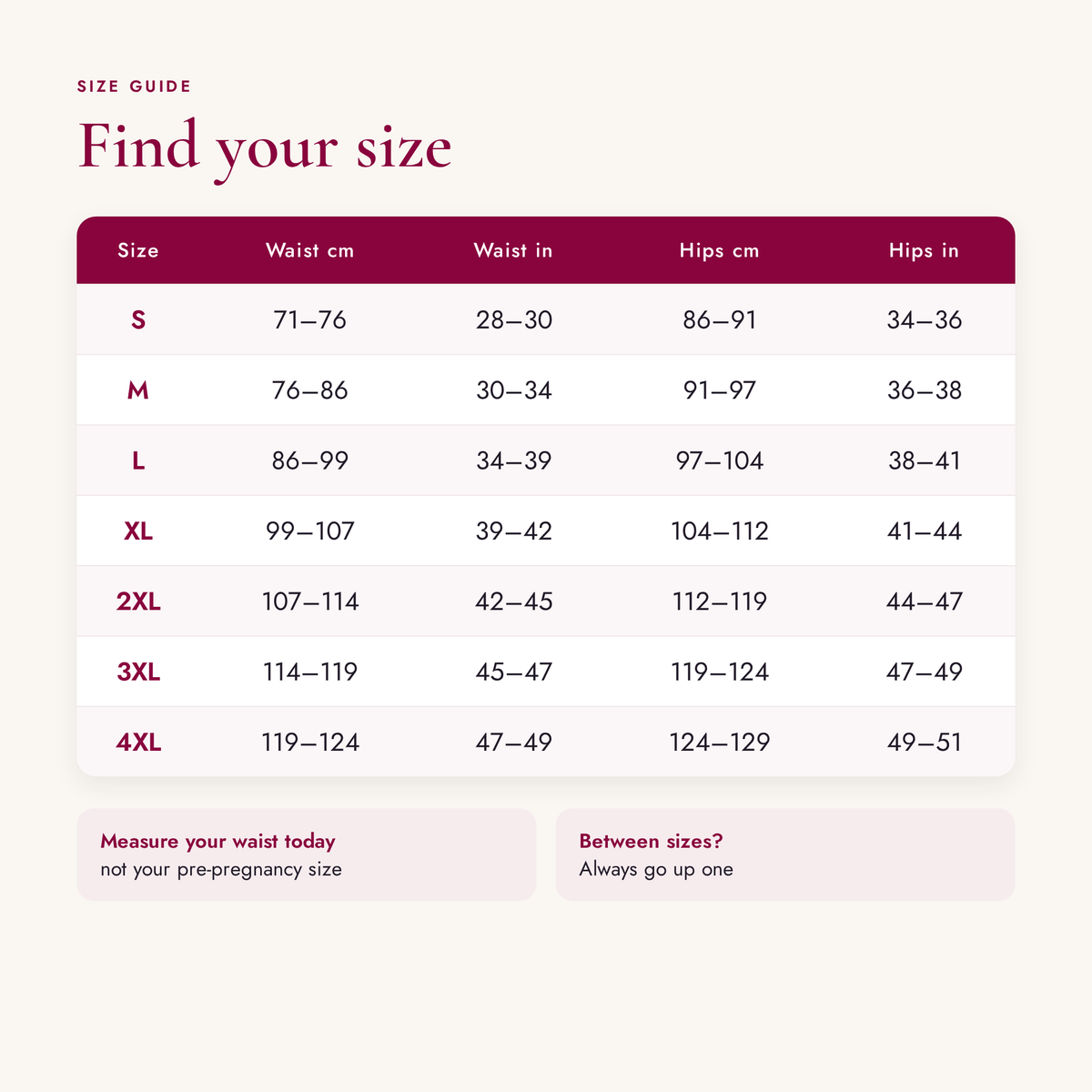 Size chart S to 4XL, waist and hips in cm and inches
