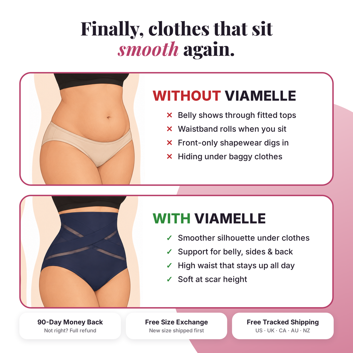 Without vs with Viamelle: smoother silhouette, support for belly, sides and back, stays up all day