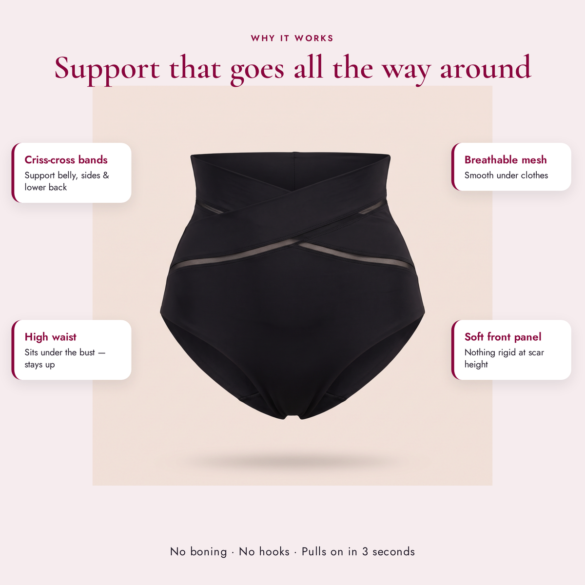 CrossWrap Brief benefits: criss-cross bands, high waist, breathable mesh, soft front panel