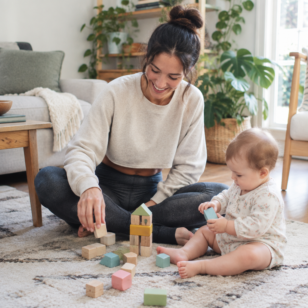Playing blocks with baby on the living-room rug