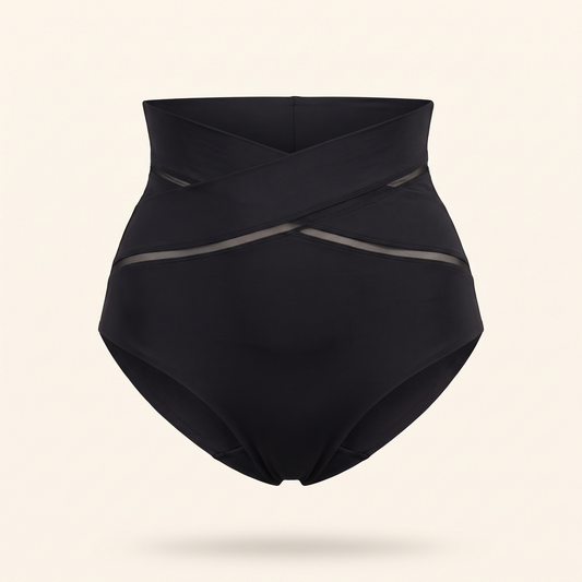 Viamelle high-waist brief in black, front view
