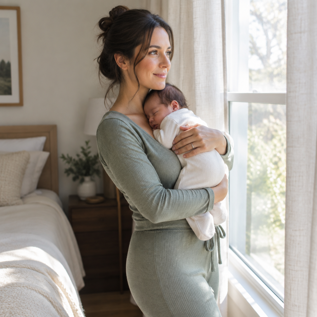 Mother holding her newborn by a sunny window
